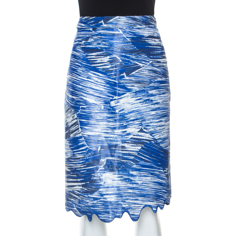 Image of Kenzo Blue Broken Waves Printed Silk Embroidered Hem Pencil Skirt S