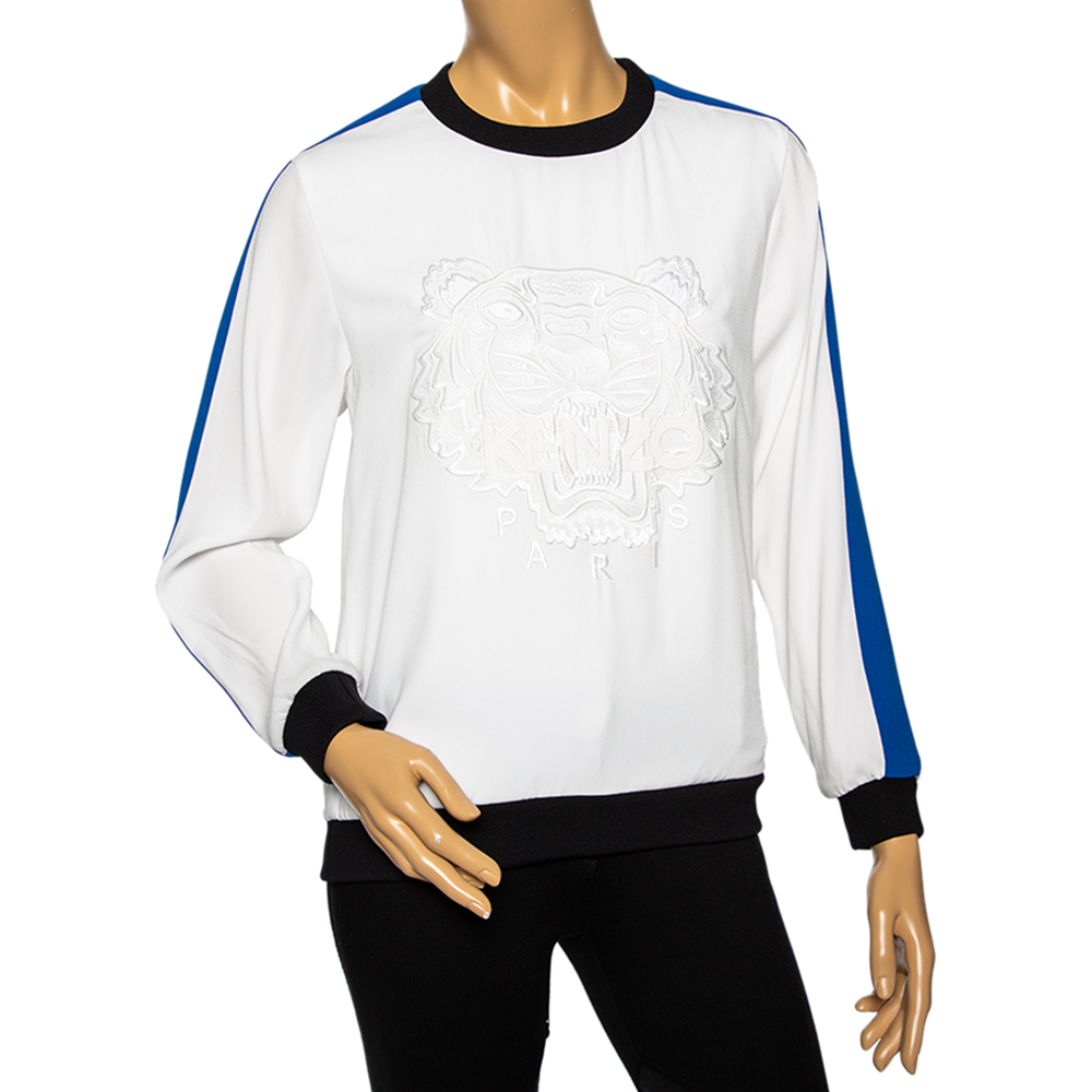 Kenzo White & Blue Paneled Crepe Tiger Embroidered Rib Knit Trimmed Jumper XS
