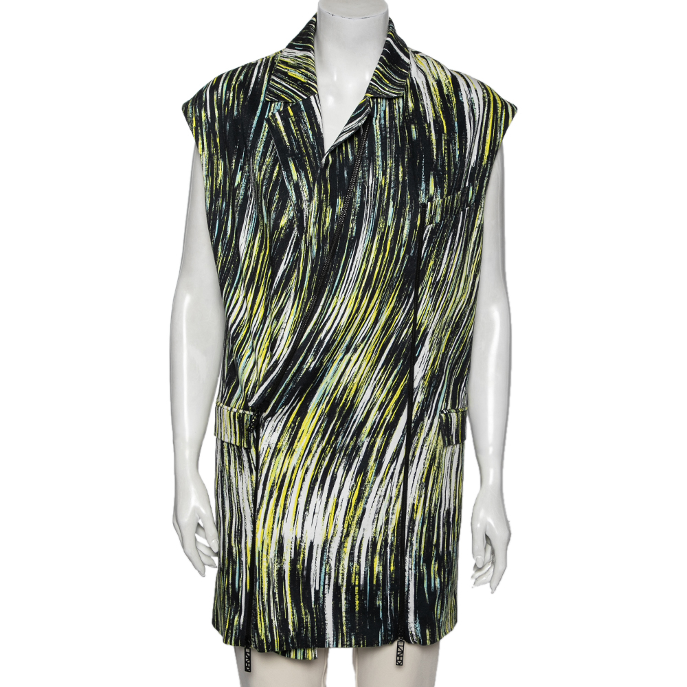 Kenzo multicolor printed cotton twill zip detail long sleeveless jacket s