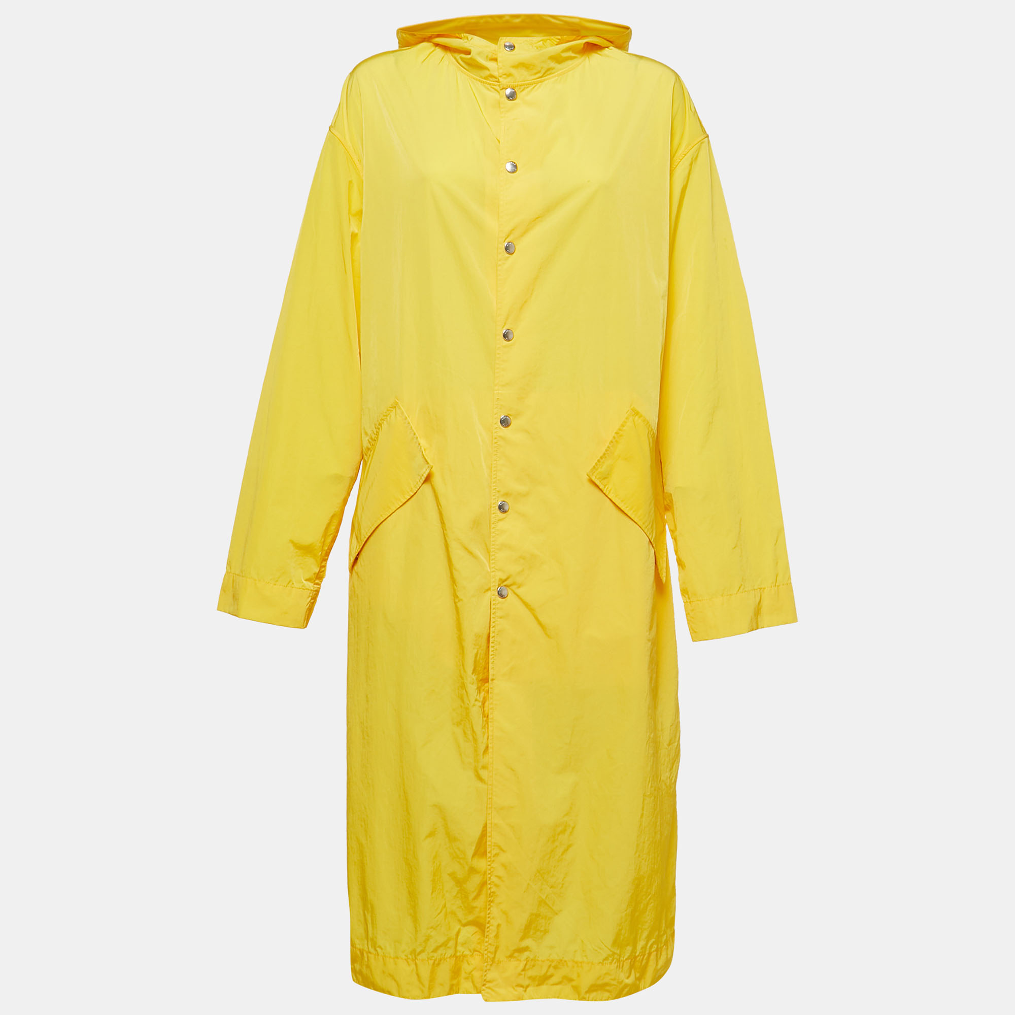 Kenzo Yellow Logo Embroidered Nylon Button Front Hooded Raincoat S