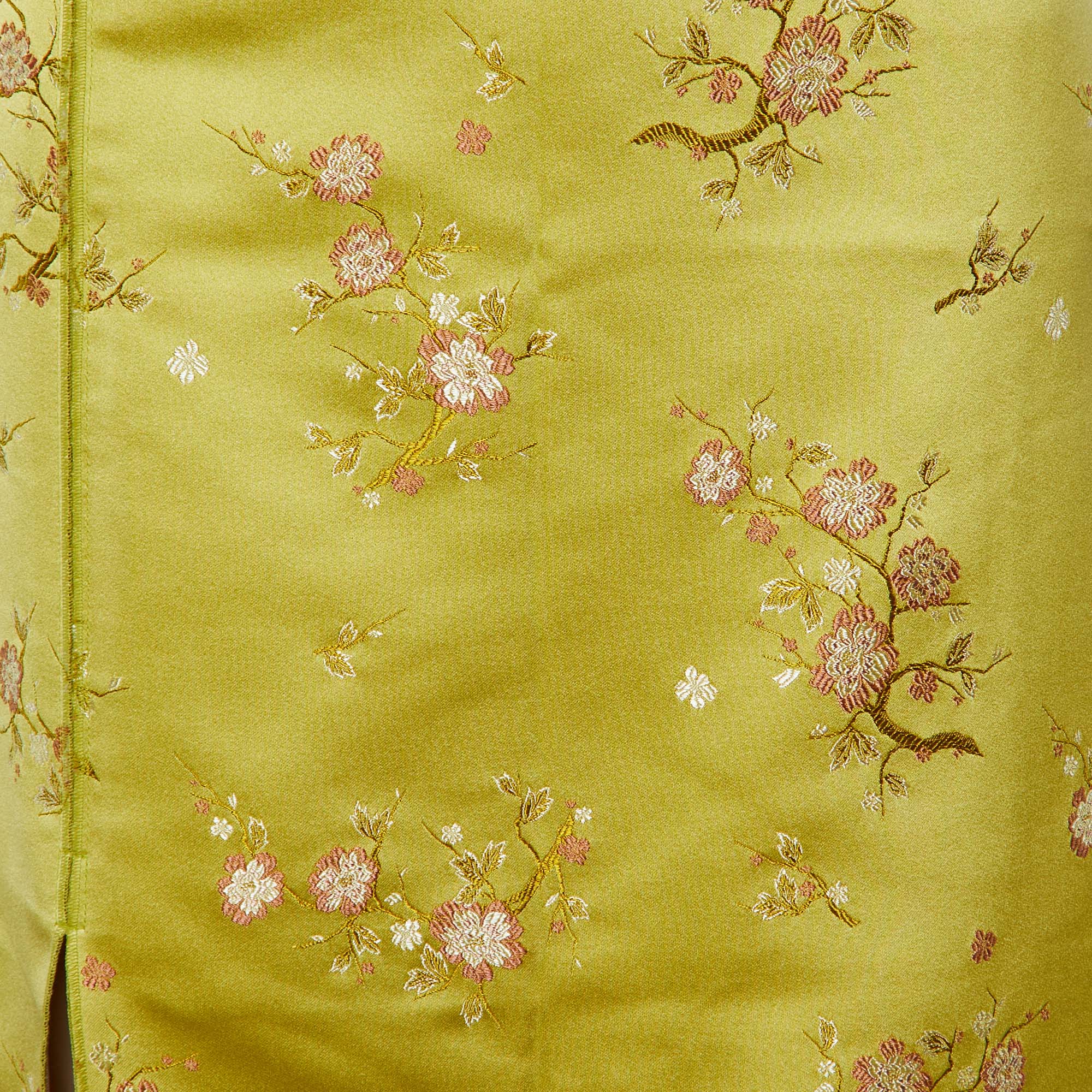 Kenzo Green Floral Jacquard Satin Slit Detail Midi Skirt M