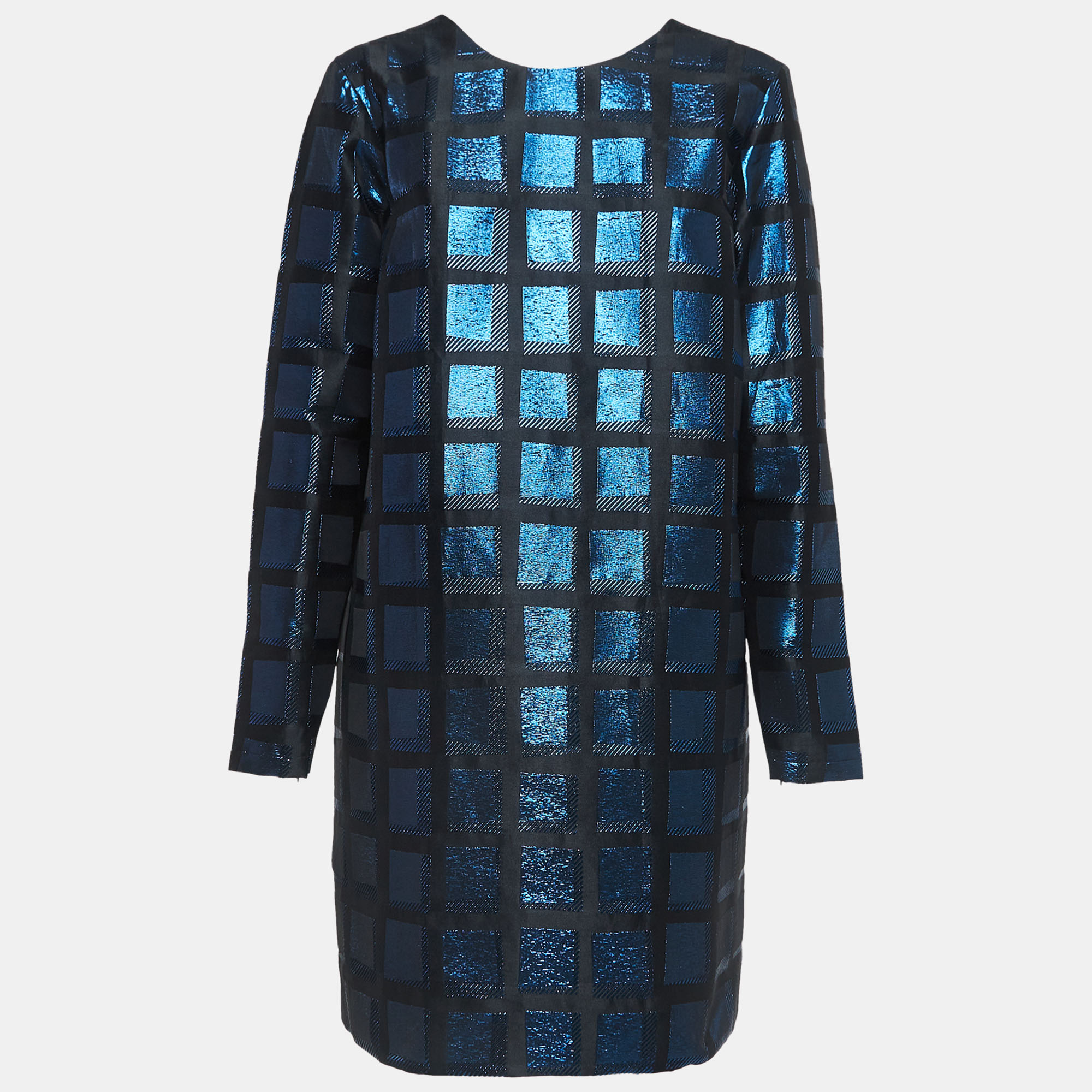 Kenzo blue/black metallic square jacquard long sleeve shift dress l