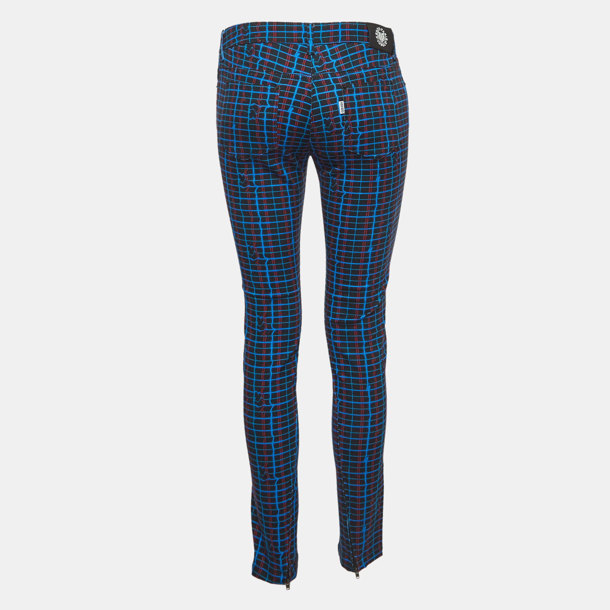 Kenzo Blue Checked Cotton Skinny Trousers S