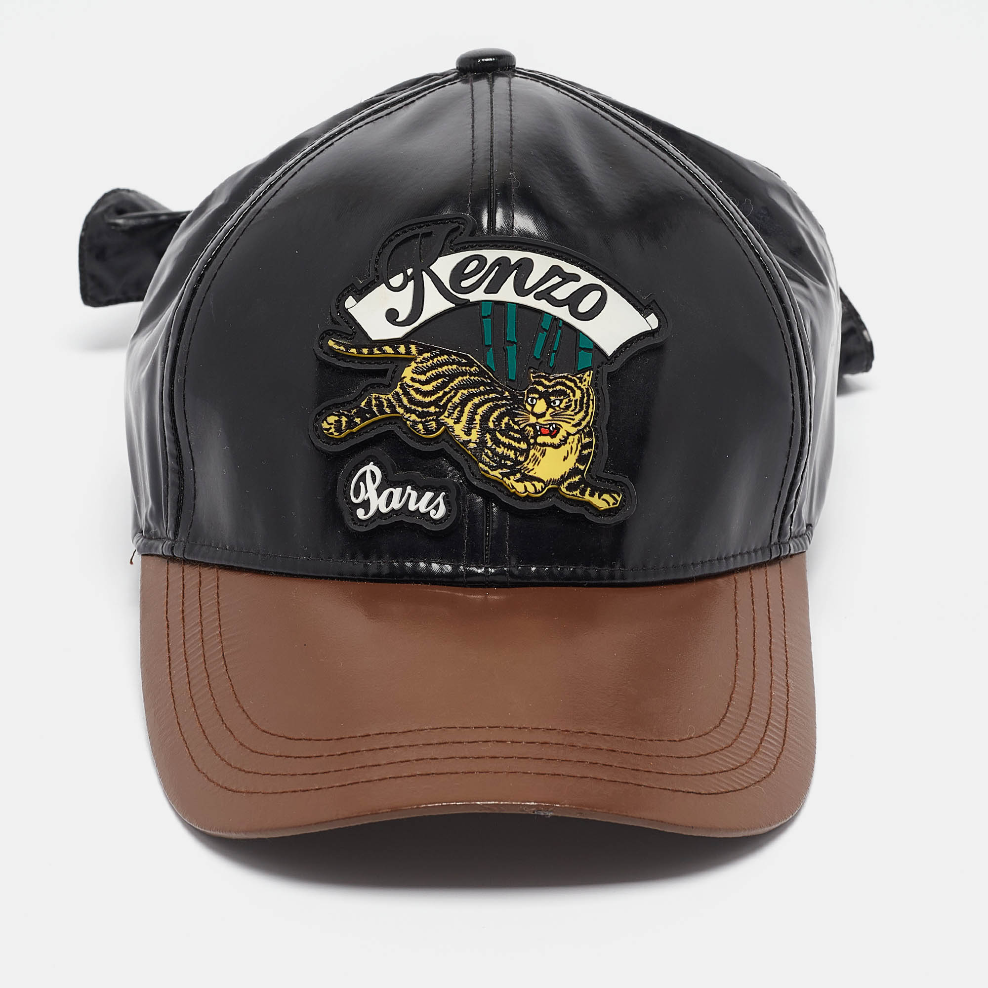 Kenzo Black/Brown Faux Leather Applique Detail Baseball Cap