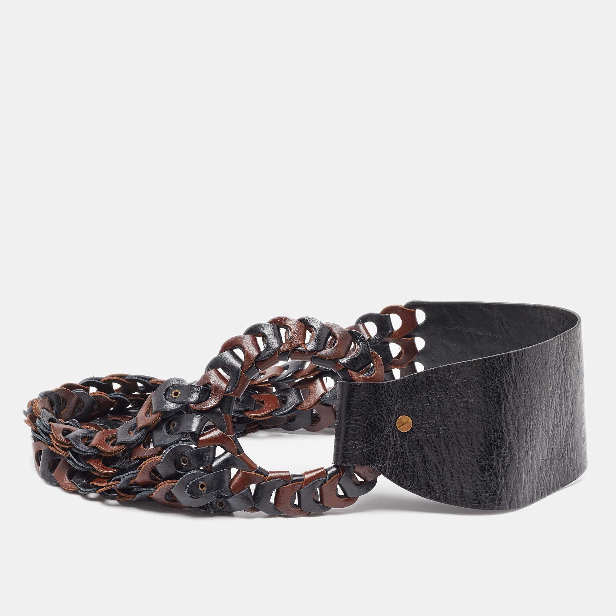 Kenzo Brown/Black Link Leather Round Buckle Waist Belt