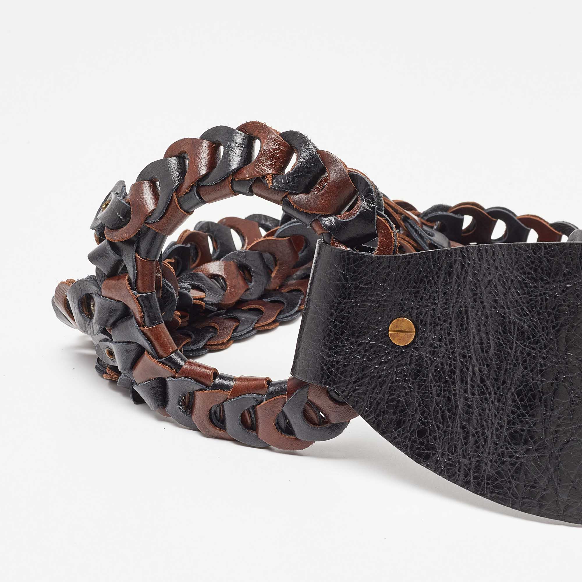 Kenzo Brown/Black Link Leather Round Buckle Waist Belt