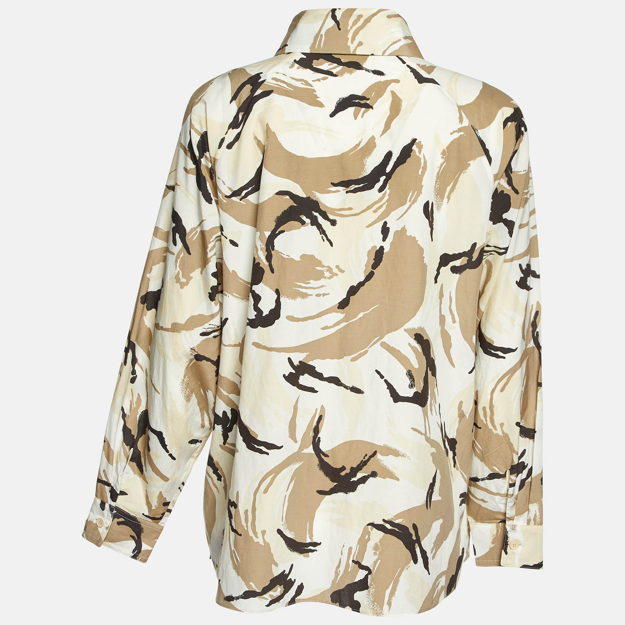 Kenzo Beige Camouflage Print Silk Blend Asymmetric Shirt S