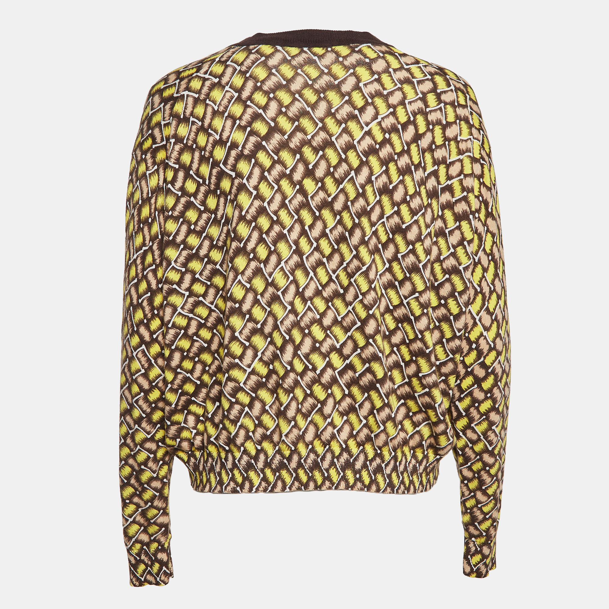 Kenzo Yellow Patterned Cotton Knit V-Neck Sweater S