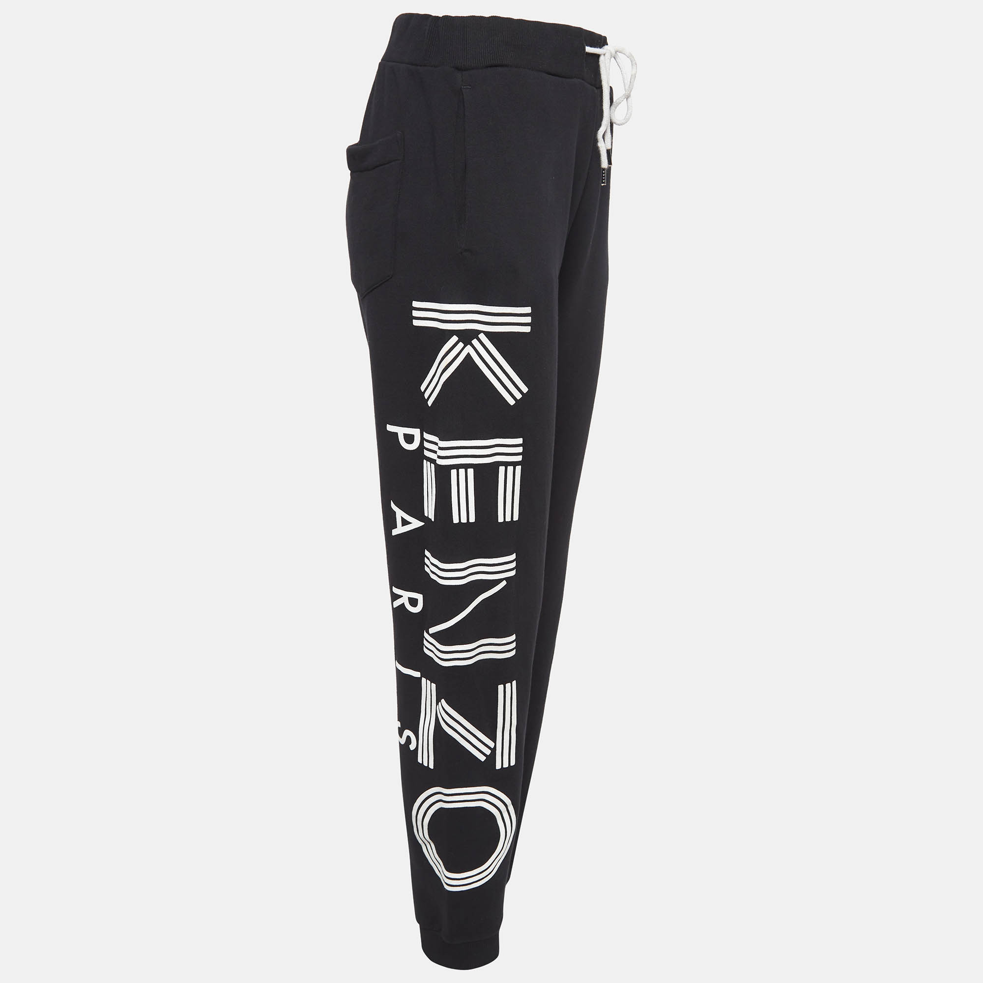 Kenzo Black Cotton Knit Printed Track Pants M