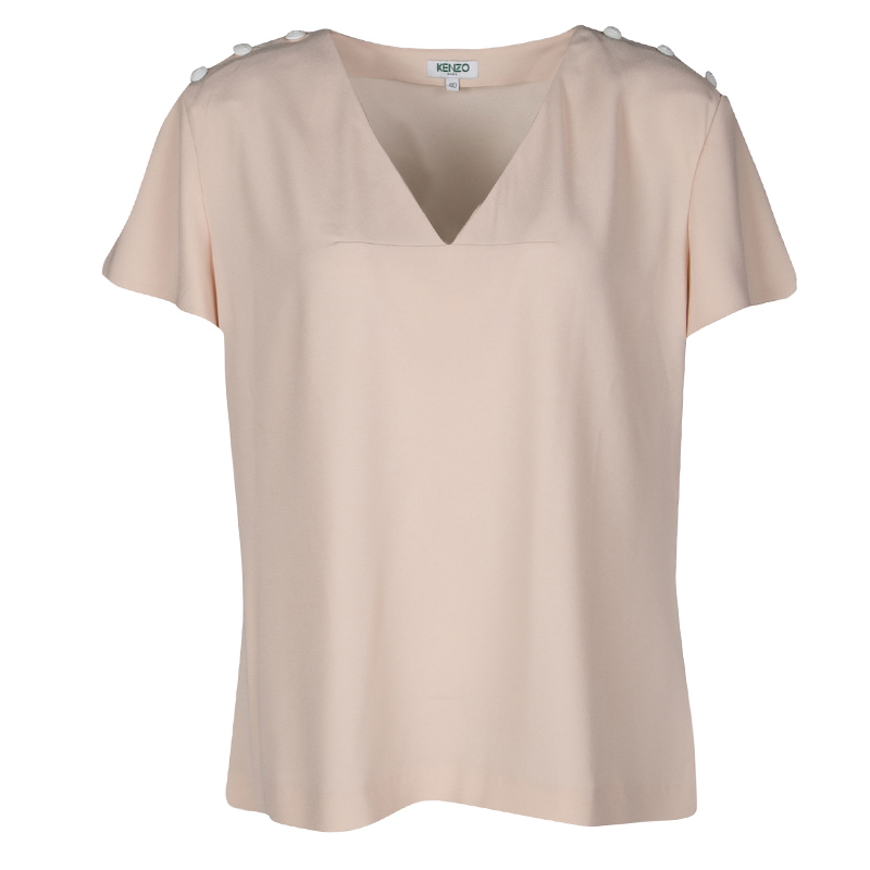 Image of Kenzo Beige Shoulder Button Detail V-Neck Top M