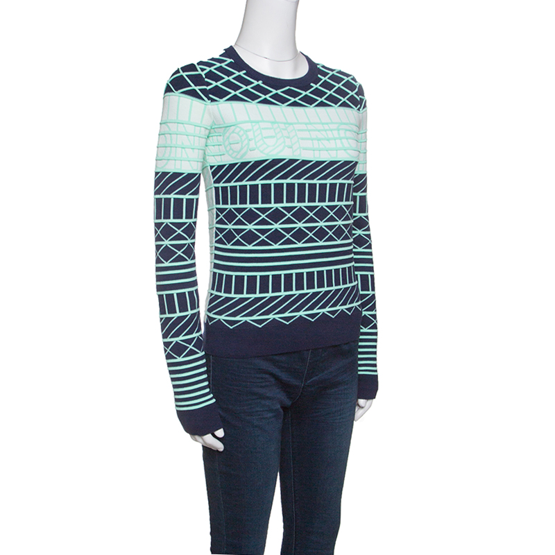 Kenzo Oui Non Navy Blue and Green Jacquard Knit Sweater XS