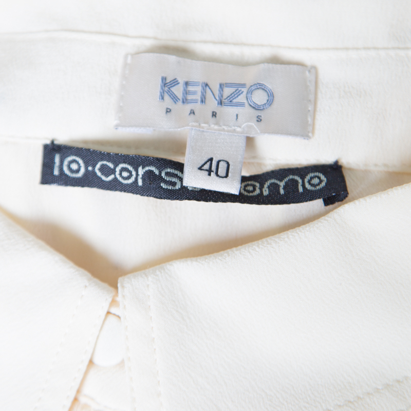 Kenzo Cream Ruffled Trim Detail Long Sleeve Silk Blouse M