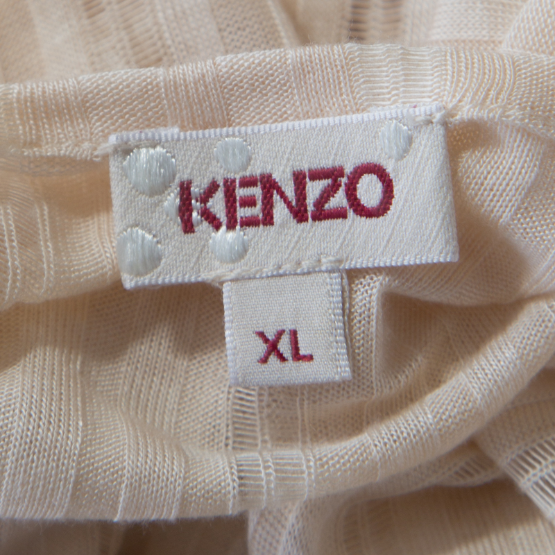 Kenzo Buttercream Foil Print Striped Knit Layered Tulle Sleeve Top XL