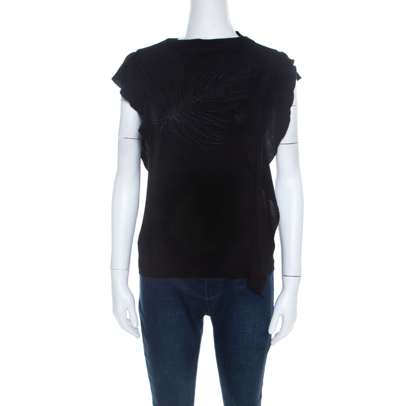 Image of Kenzo Black Embroidered Stretch Jersey Ruffle Detail Top M
