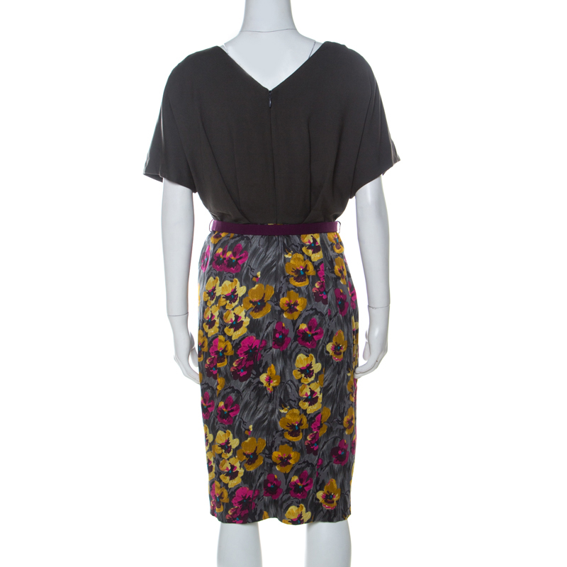 Kenzo Grey Floral Brushstroke Print Stretch Cotton Belted Dress M