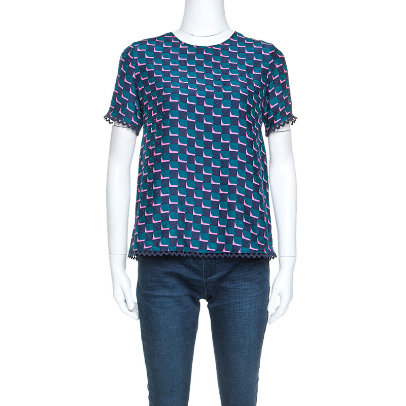 Image of Kenzo Multicolor Printed Silk Short Sleeve Top S