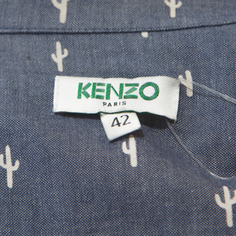 Kenzo Blue Denim Cactus Print Belted Shirt Dress L