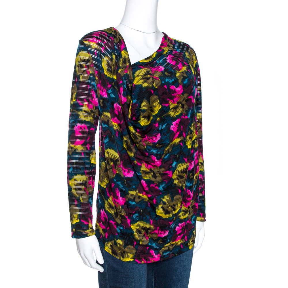 Kenzo Multicolor Printed Silk Asymmetric Draped Neck Top XL