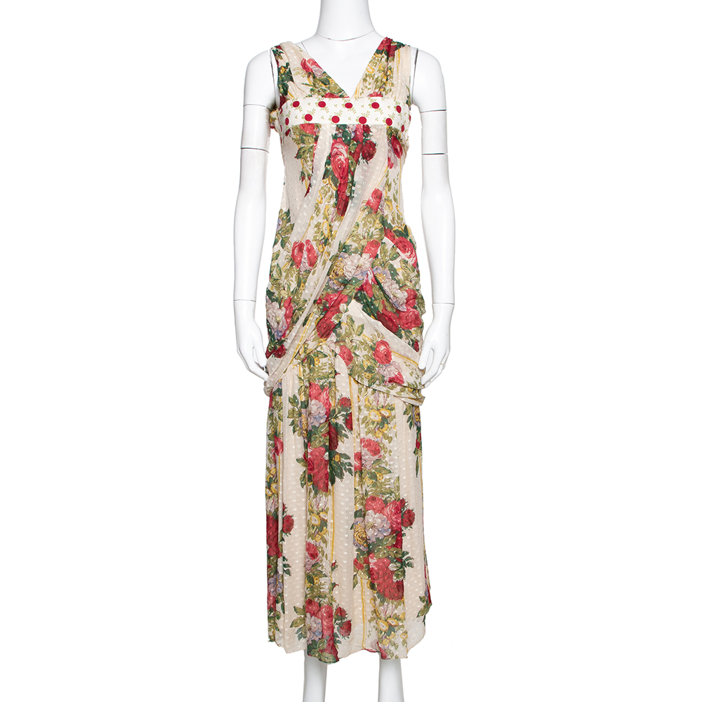 Kenzo Beige Polka Textured Floral Print Silk Draped Maxi Dress S