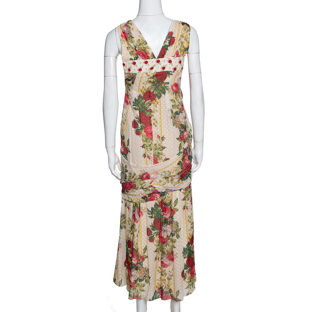 Kenzo Beige Polka Textured Floral Print Silk Draped Maxi Dress S
