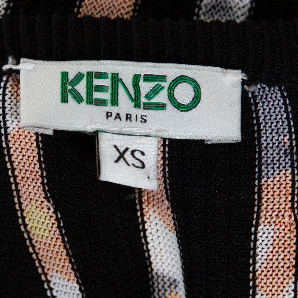Kenzo Black Jackie Flowers Print Knit Pleated Long Sleeve Top XS