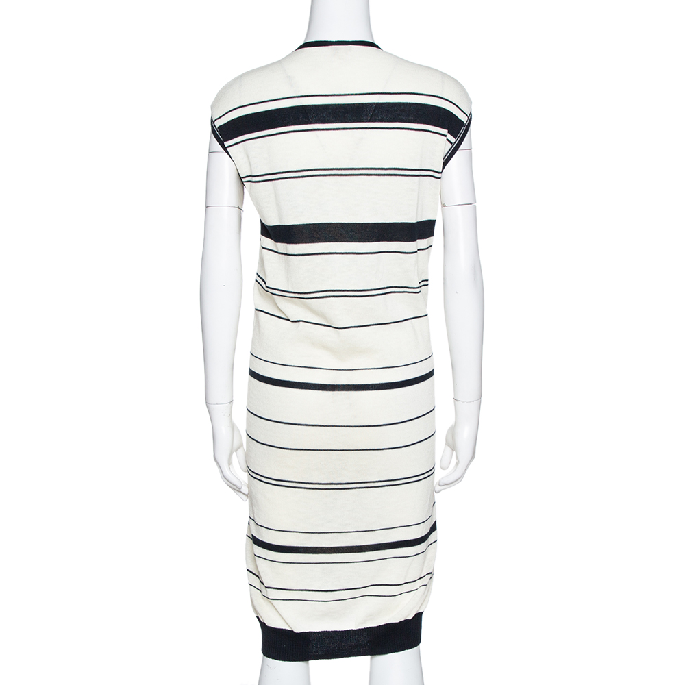 Kenzo Off White & Navy Striped Cotton Knit Sweater Dress L