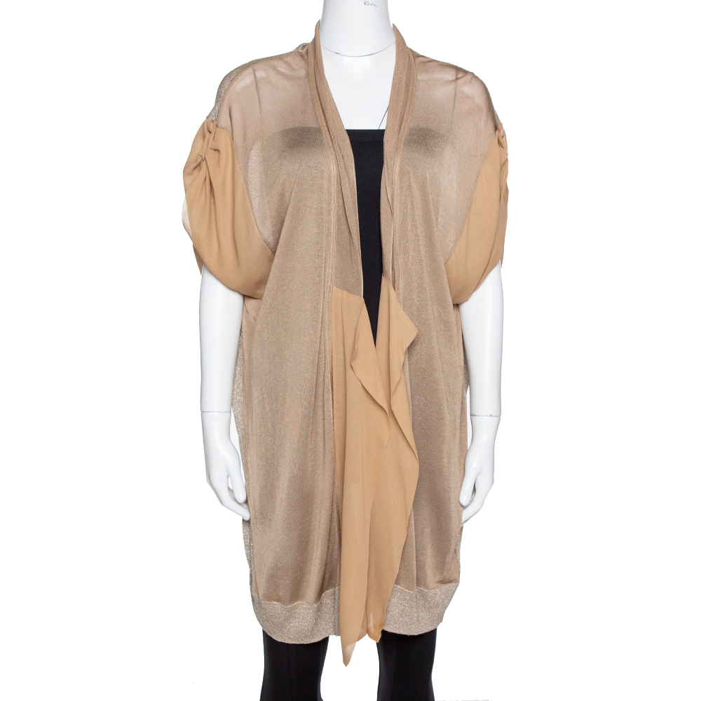 Image of Kenzo Beige Lurex Knit & Chiffon Open Front Long Cardigan L