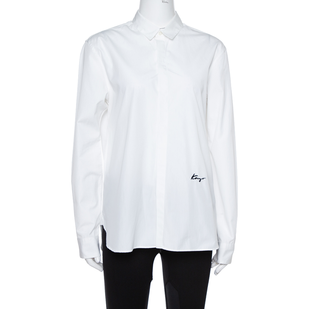 Image of Kenzo White Cotton Signature Embroidered Shirt M