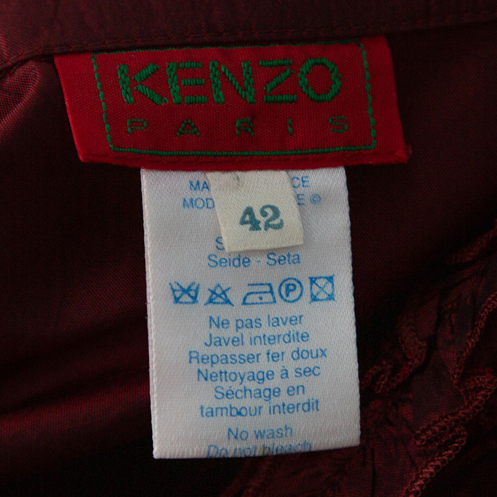 Kenzo Maroon Silk Ruffled Detail Long Sleeve Blouse M