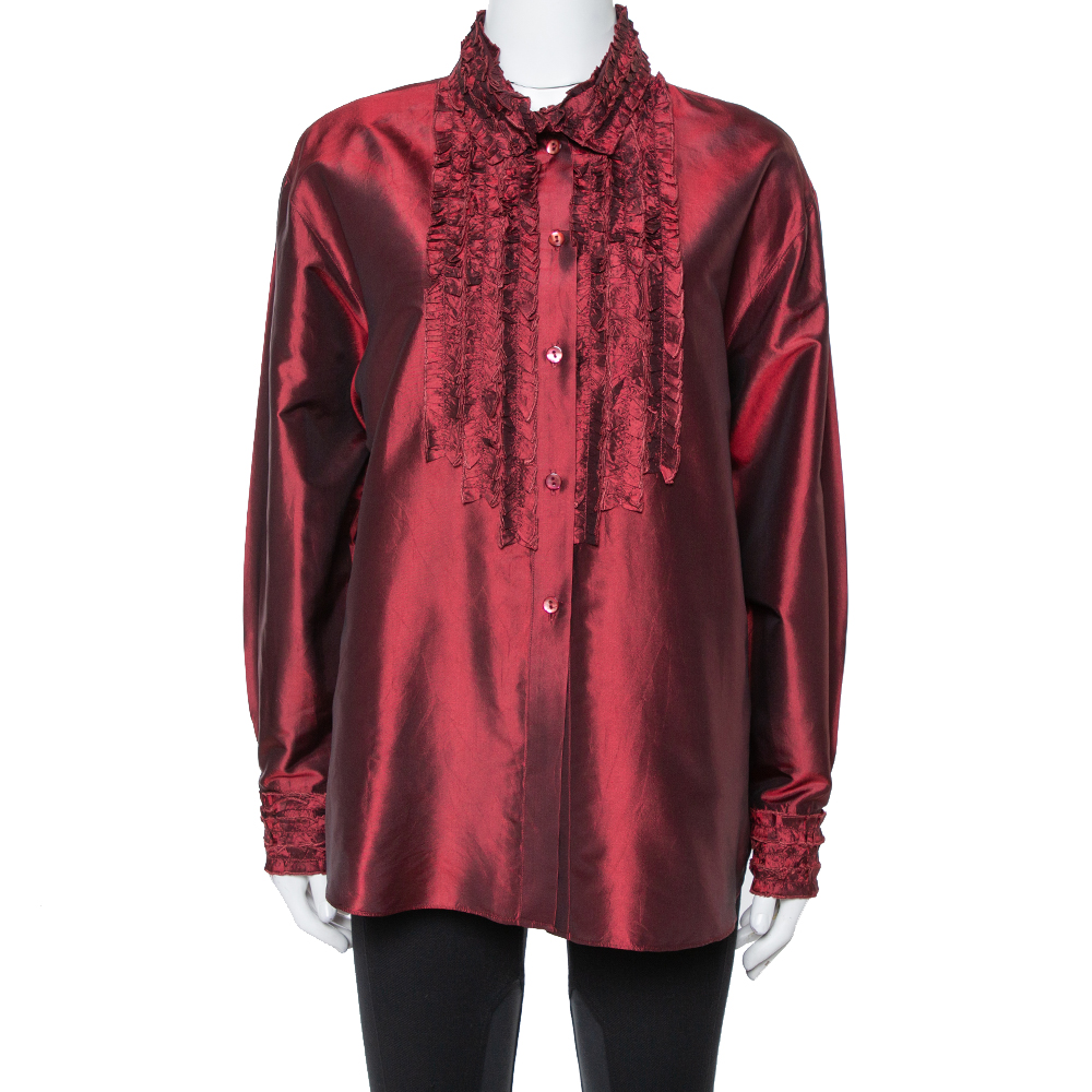 

Kenzo Maroon Silk Ruffled Detail Long Sleeve Blouse M, Red