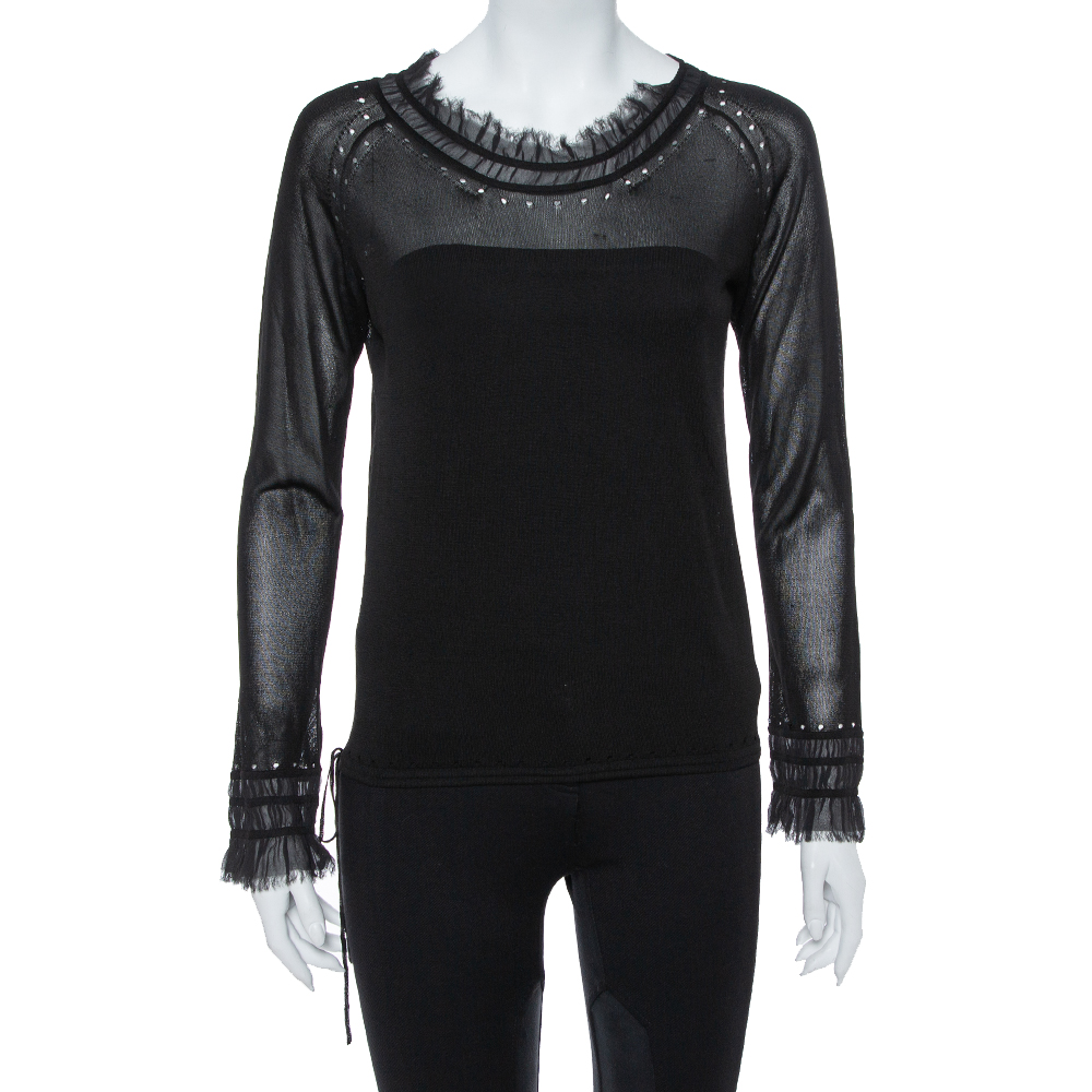 Image of Kenzo Black Knit Waist Tie Detail Long Sleeve Top M