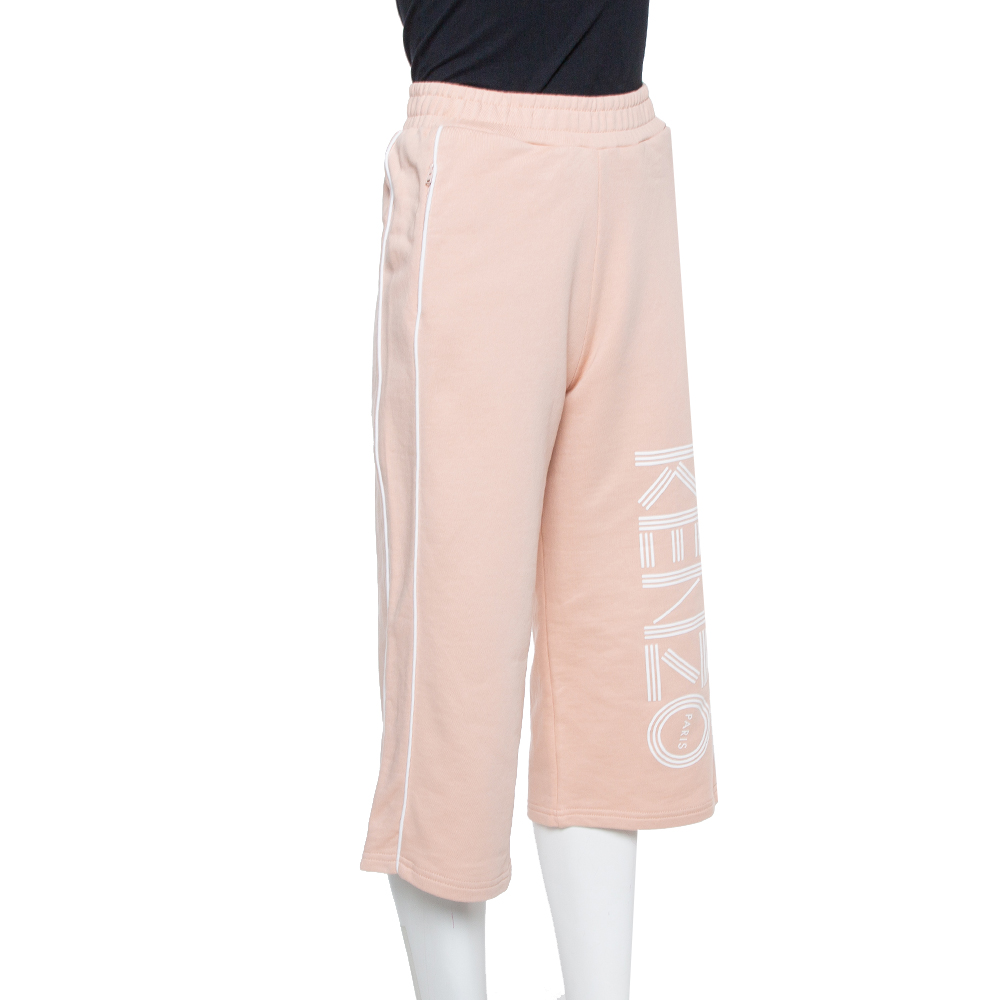 Kenzo Salmon Pink Knit Logo Printed Cropped Track Pants XS