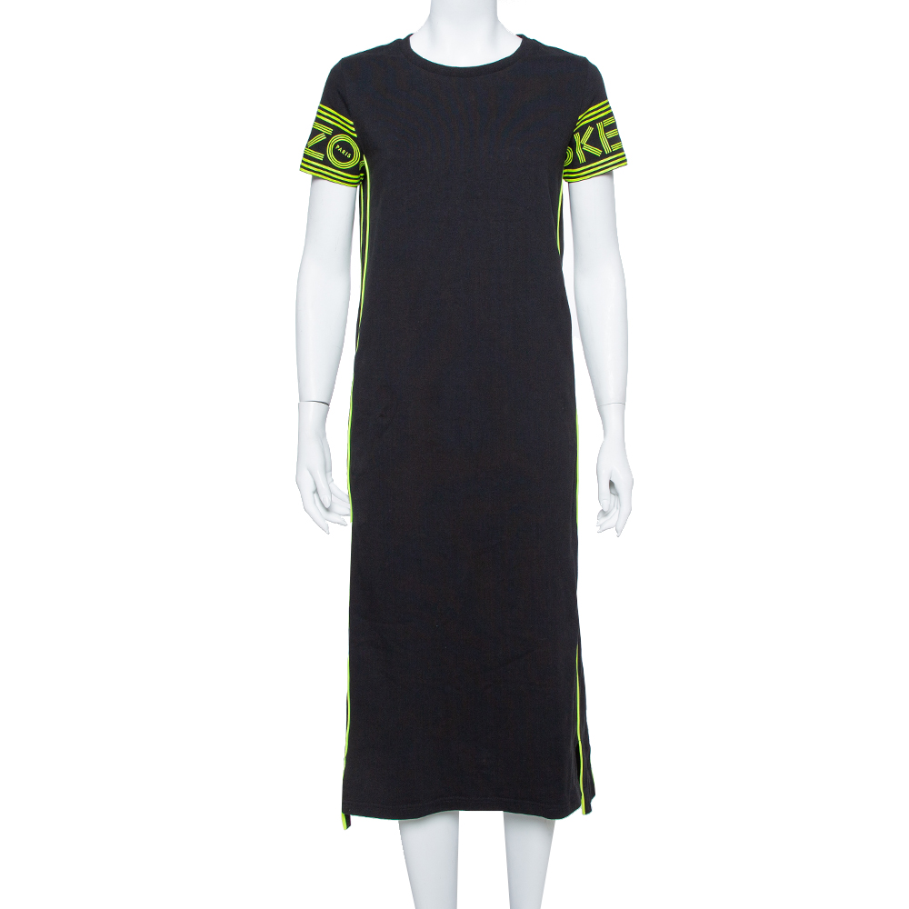 Image of Kenzo Black & Neon Logo Print Cotton T Shirt Dress S