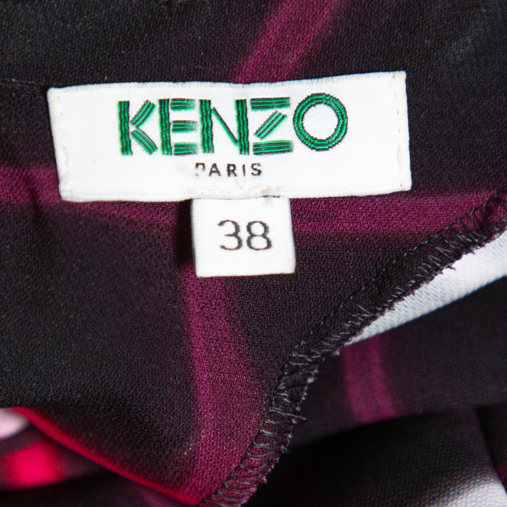 Kenzo Black Plaid Pattern Printed Crepe Waist Inset Tie Detail Top M