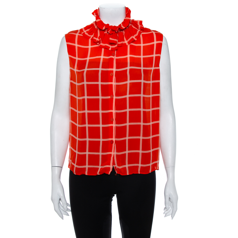 Kenzo Orange Checkered Silk Ruffled Neck Button Front Sleeveless Shirt L