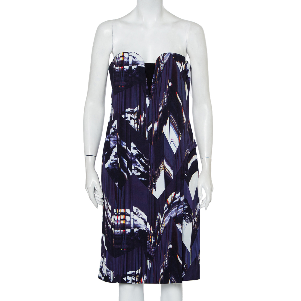 Kenzo Blue Textured Abstract Printed Strapless Dress L