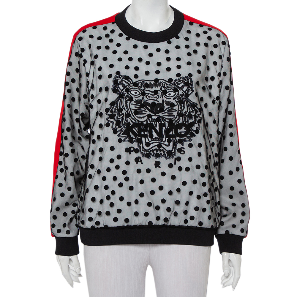 Kenzo Black Polka Dot Tulle Tiger Embroidered Contrast Trim Crewneck Sweatshirt L