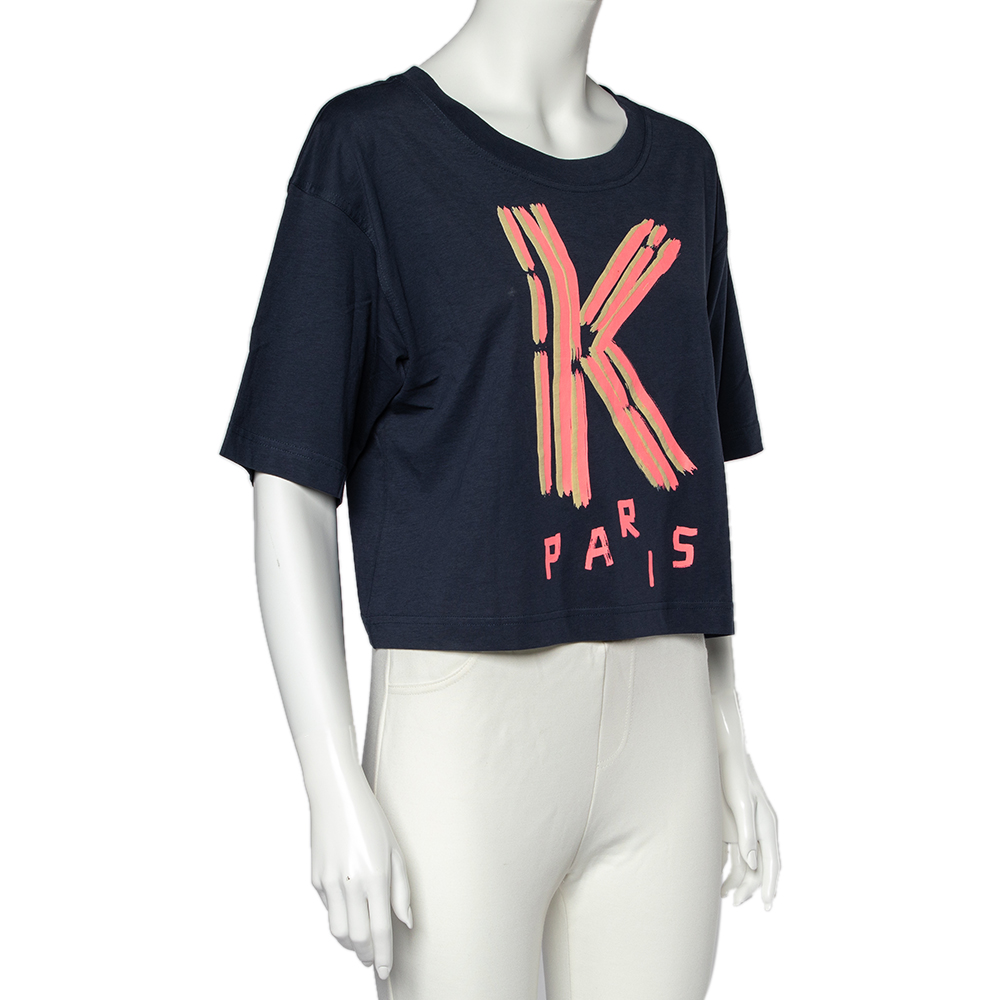 

Kenzo Navy Blue K Logo Print Cotton Crew Neck Cropped T-Shirt