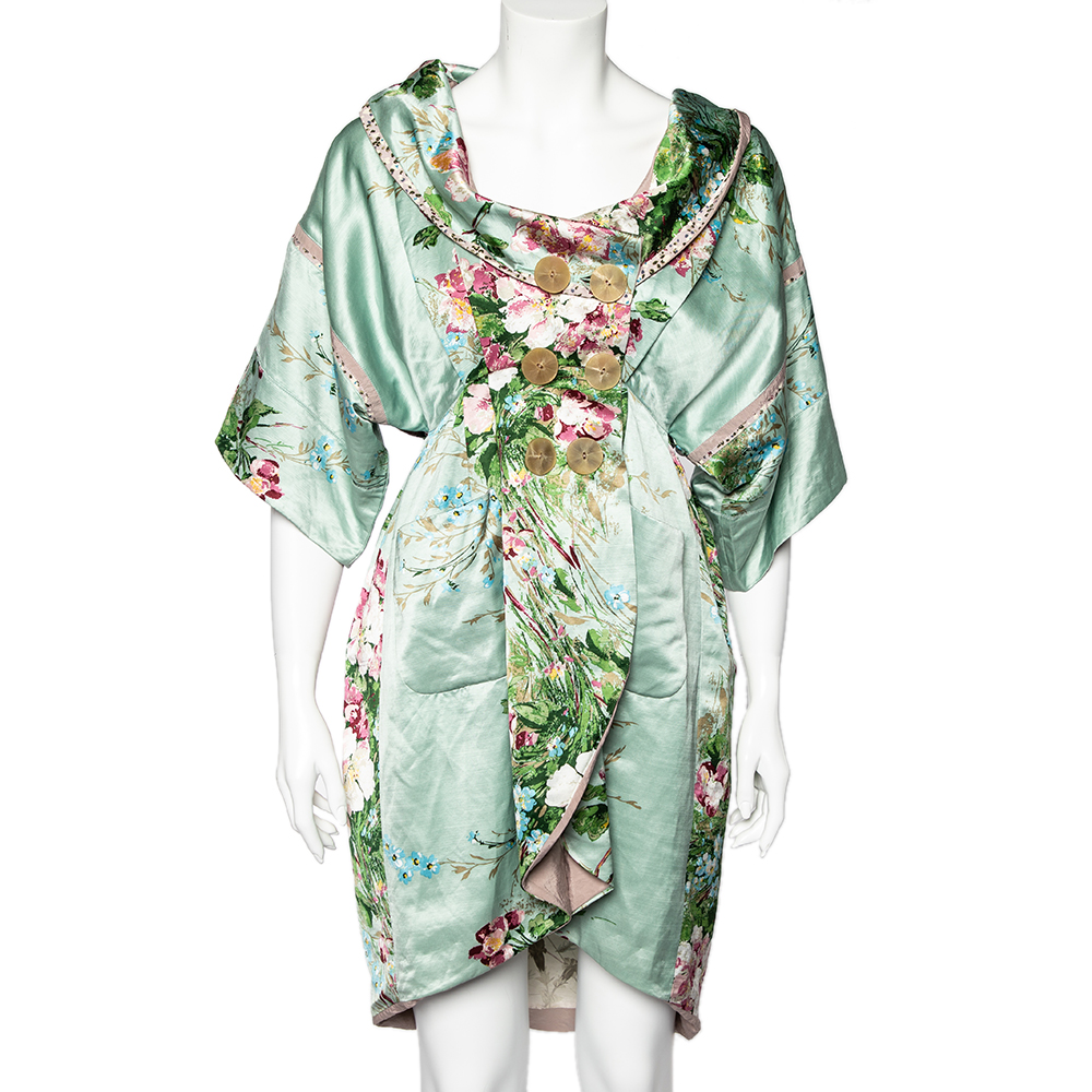 Kenzo mint green floral print linen blend double breasted coat m