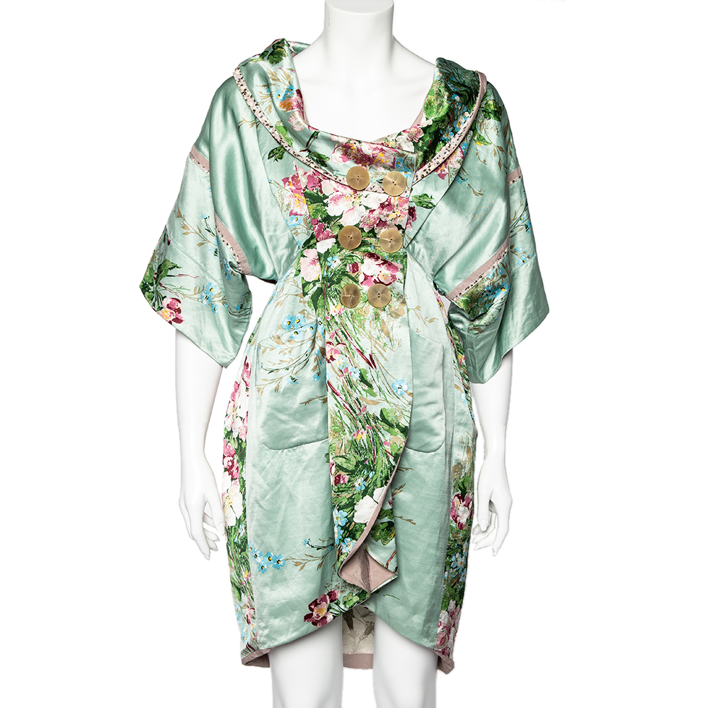 Kenzo Mint Green Floral Print Linen Blend Double Breasted Coat M