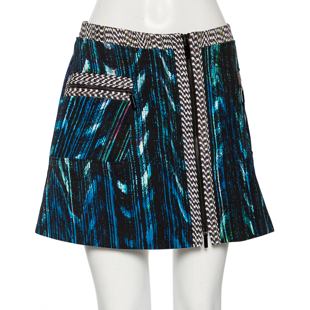 Kenzo Blue Distortion Print Synthetic Zip Front Mini Skirt M