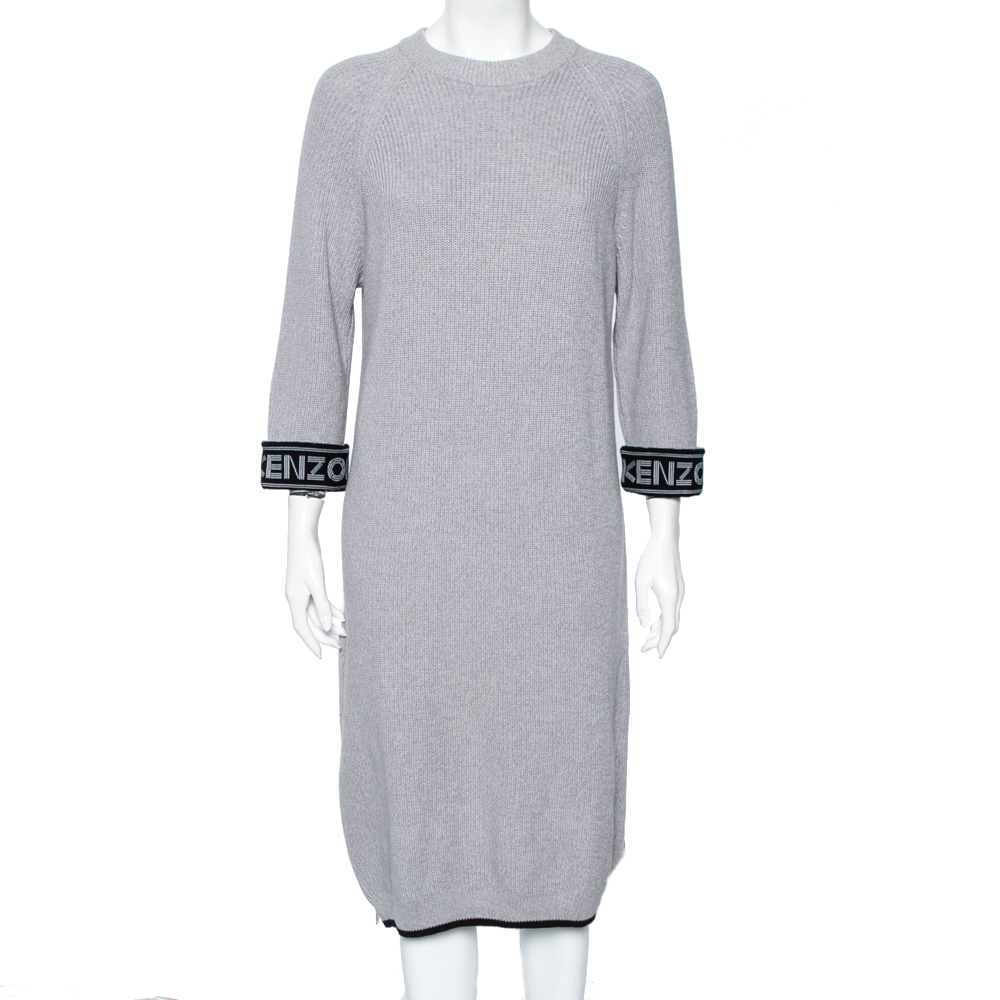 Kenzo grey knit logo trimmed detailed long sleeve sweater dress s