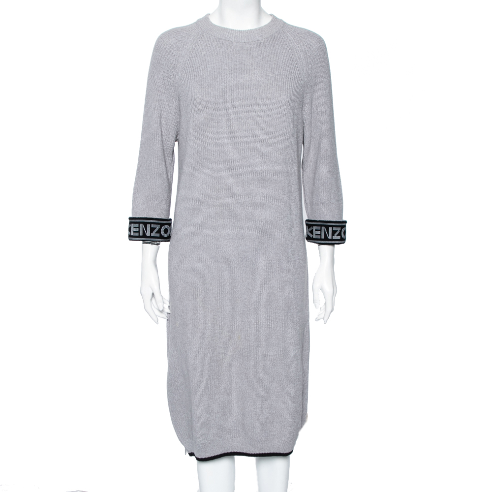 Kenzo Grey Knit Logo Trimmed Detailed Long Sleeve Sweater Dress S