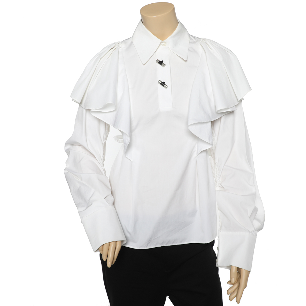 Kenzo White Cotton Ruffled Overlay Detail Belted Shirt S