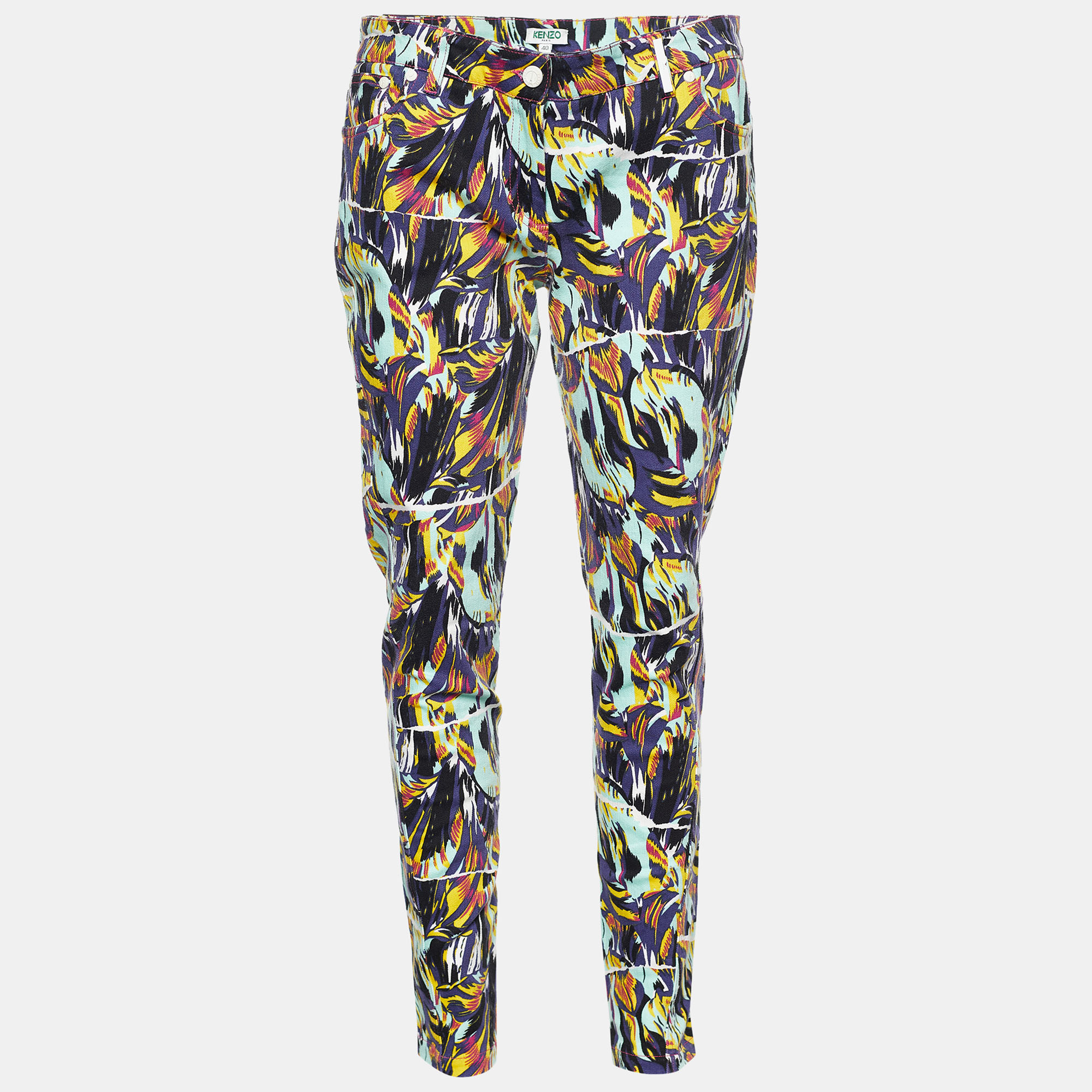 

Kenzo Multicolor Printed Stretch Cotton Tapered Jeans Waist: 33"