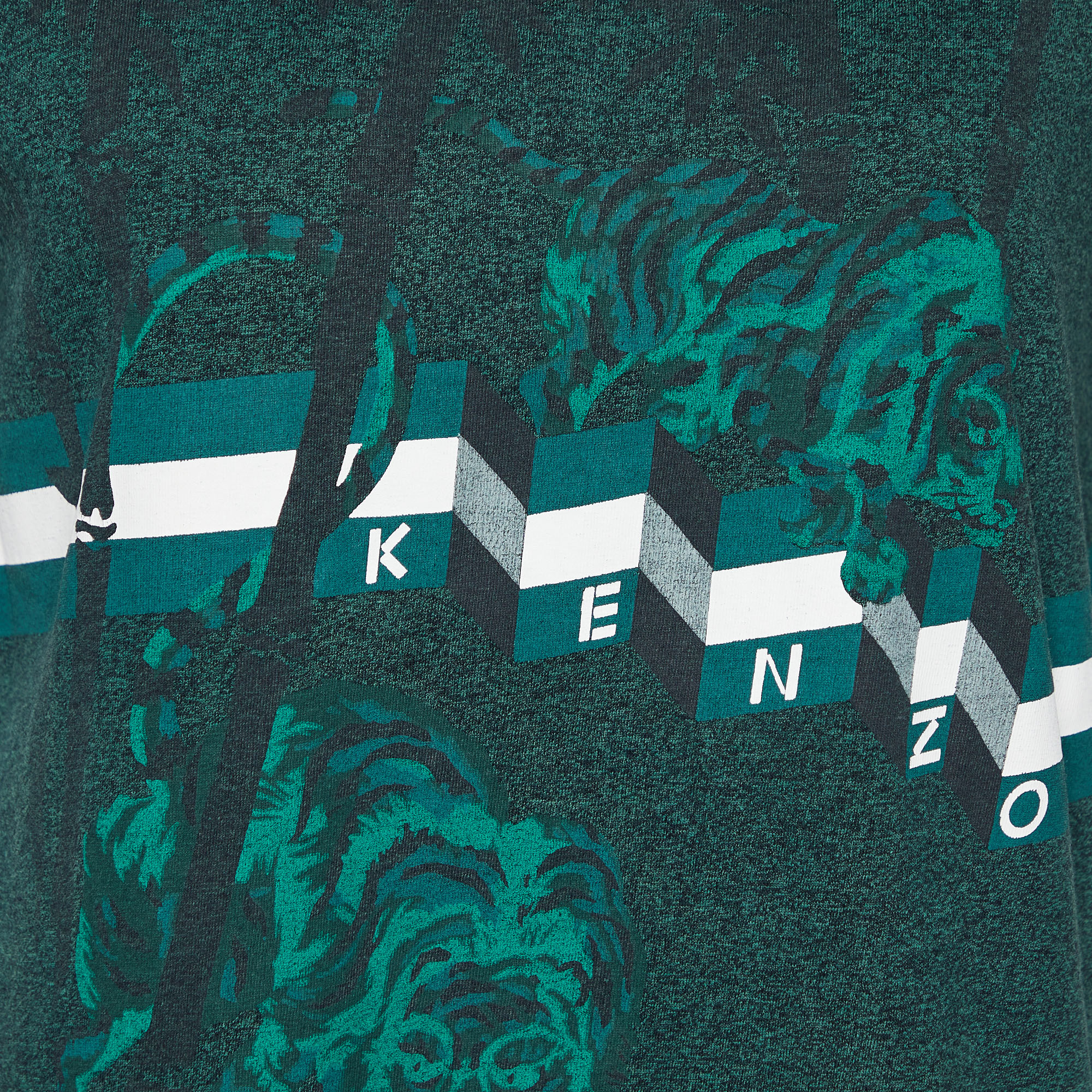 Kenzo Dark Green Tiger Logo Printed Cotton Knit T-Shirt M