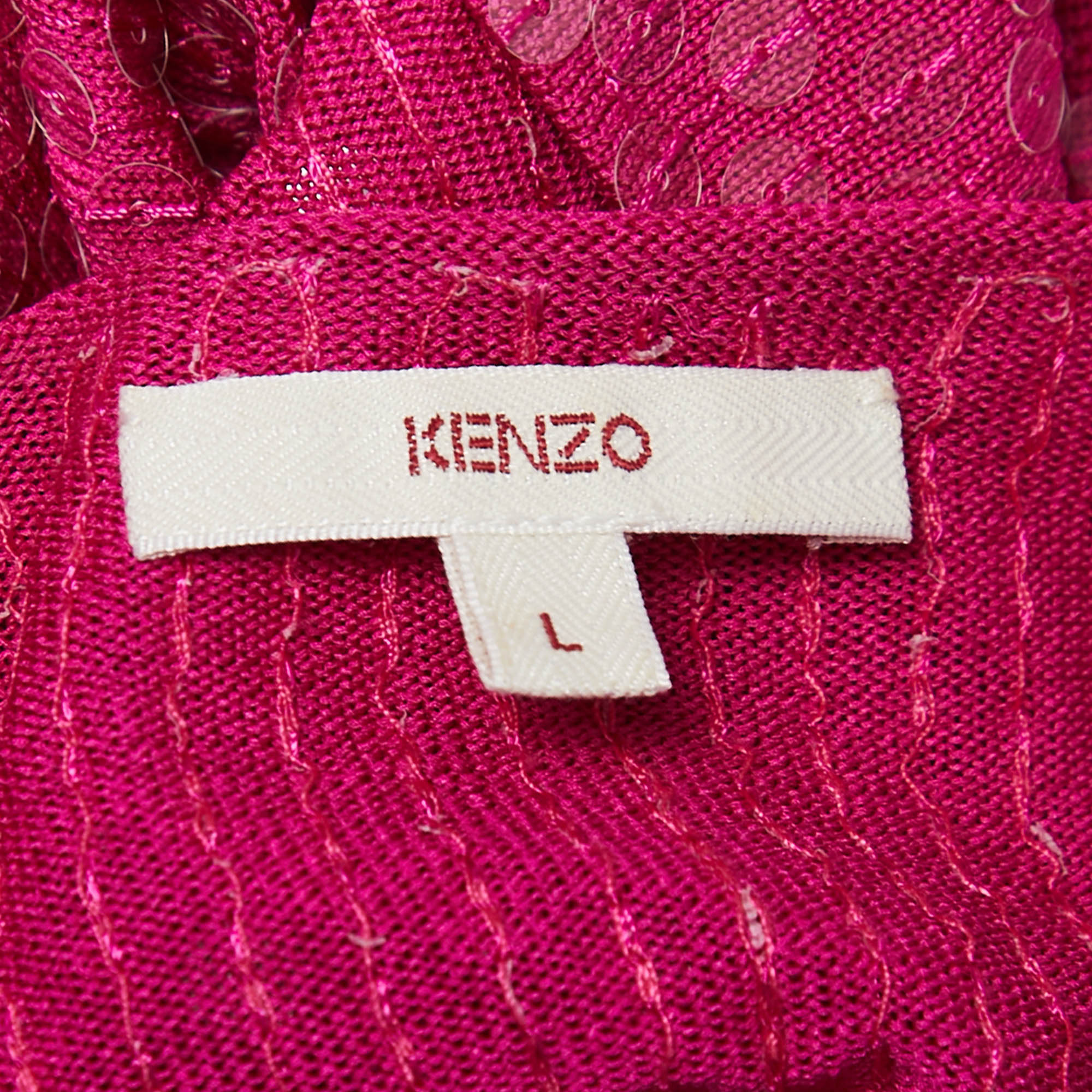Kenzo Pink Sequin Embellished Silk Knit Draped Long Sleeve Tunic L