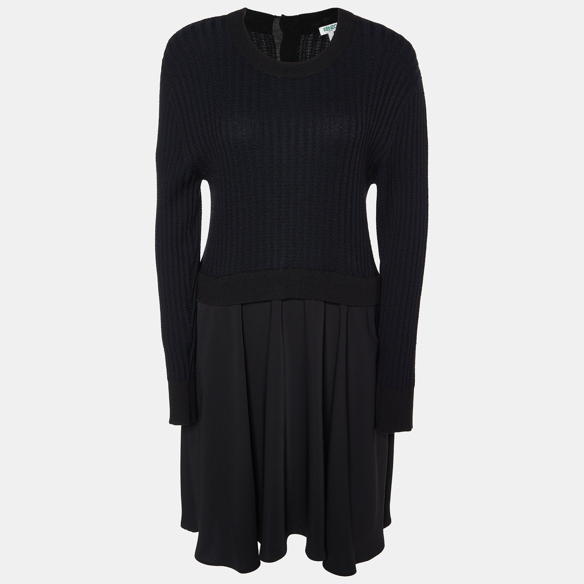 Kenzo black knit & crepe mini dress l