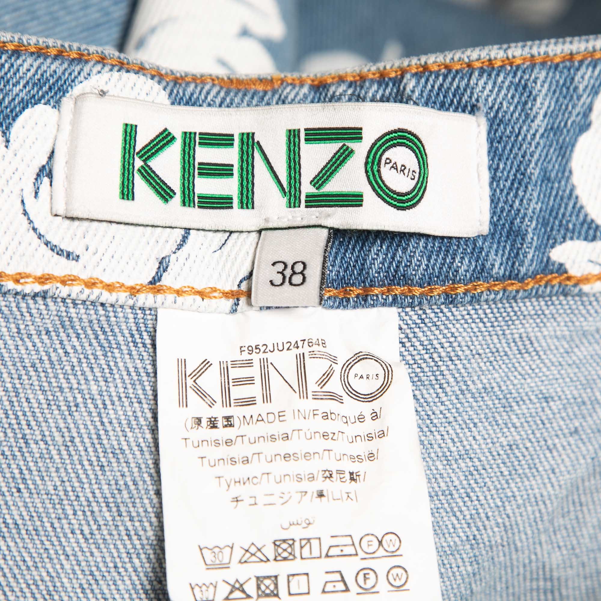 Kenzo Blue Floral Print Denim Knee Length Skirt M