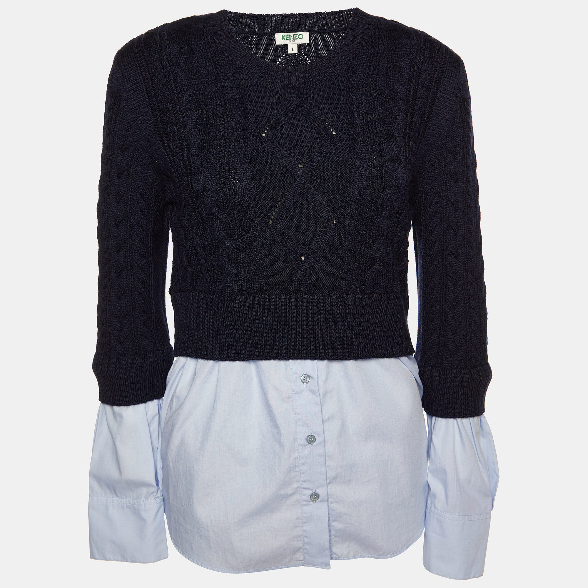Kenzo Navy Blue Wool Knit & Shirt Insert Sweater L